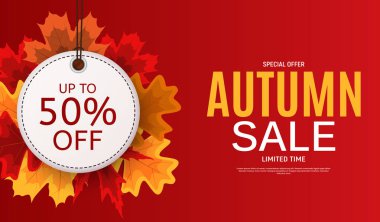 Parlak sonbahar yaprakları satışı büyük başlığı. İş indirim kartı vektör 