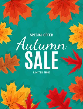 Parlak sonbahar yaprakları satışı büyük başlığı. İş indirim kartı vektör 