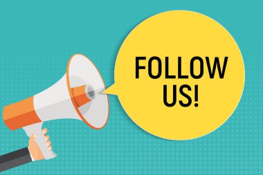 Megafon ve Konuşma Bubble ile El. Bizi Takip Edin Concept. Vektör İllüstrasyonu