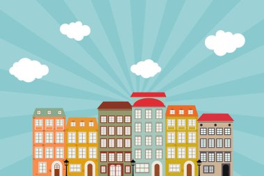 Retro Stil Küçük Şehir. Vektör İllüstrasyonu