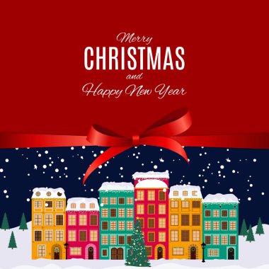 Retro Style Little Town ile Mutlu Noeller ve Happy New Year Arka Plan. Vektör İllüstrasyonu