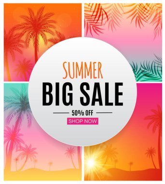 Palm Leaves Vektör Illustration EPS10 ile Soyut Yaz Satışı Arkaplanı