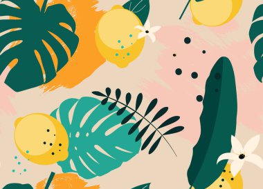 Lemon ve Palm Leaves Vector Illustration EPS10 ile Soyut Kusursuz Desen Arkaplanı
