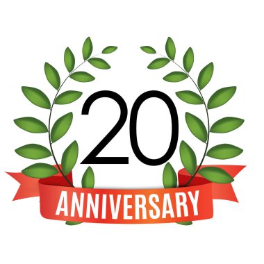 20 Yıl Yıldönümü Şablonu Kırmızı Kurdele ve Laurel Çelenk Vektör İllüstrasyonu EPS10