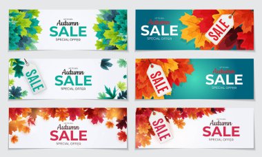 Parlak Sonbahar Yaprakları Satış Sancakları Koleksiyonu Seti. Vektör Illustration EPS10