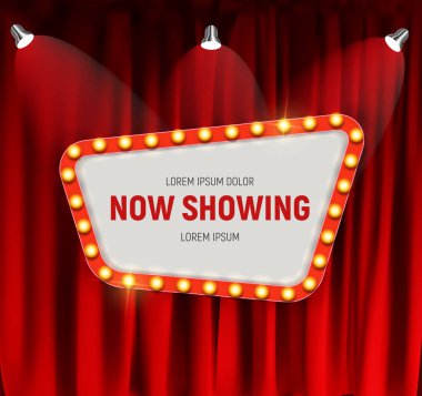 Şimdi perde arkasında ampul çerçeveli ilan tahtası gösteriliyor. Vektör Illustration EPS10
