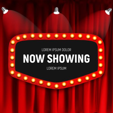 Şimdi perde arkasında ampul çerçeveli ilan tahtası gösteriliyor. Vektör Illustration EPS10