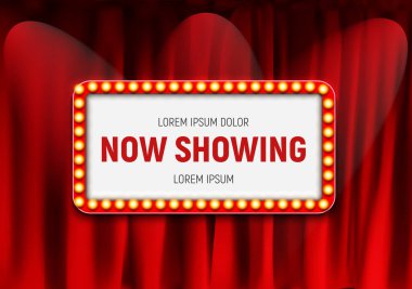 Şimdi perde arkasında ampul çerçeveli ilan tahtası gösteriliyor. Vektör Illustration EPS1