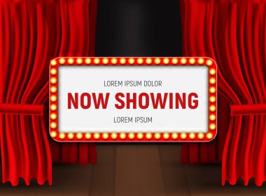 Şimdi perde arkasında ampul çerçeveli ilan tahtası gösteriliyor. Vektör Illustration EPS1