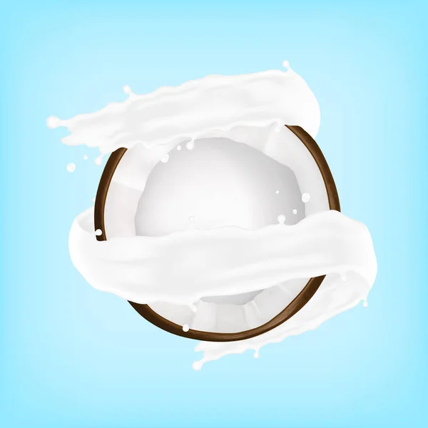 Coconut in a milk splash — Stock Vector