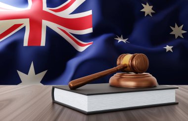 Yargıç Tokmak, Avustralya bayrağının arka planındaki masanın üstünde. Hukuk ve adalet kavramı. 3d oluşturma