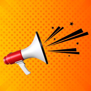 Turuncu arka planda megafon. 3d oluşturma