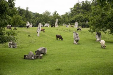 Magura heykel kamp - Buzau - Romanya - benzersiz bir sergi açık havada geliştirilen, çok sayıda sanat çalışmaları da dahil olmak üzere tüm açıklık alanlar üzerinde tepeler - 9 Temmuz 2018 dağınık