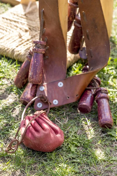 Bolso Pólvora Inglés Antiguo Pistolas Vintage Medieval Festival Durham Reino —  Fotos de Stock