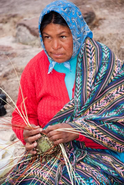 Tarahumara žena, která dělá košíky z borového jehličí — Stock fotografie