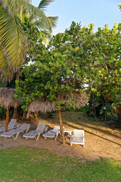 Cadeira de praia com guarda-chuva na bela praia tropical — Fotografia de Stock