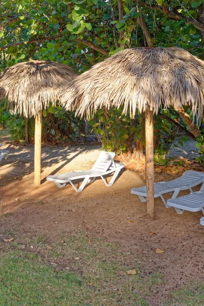 美丽的热带海滩上有伞的海滩椅子 — 图库照片