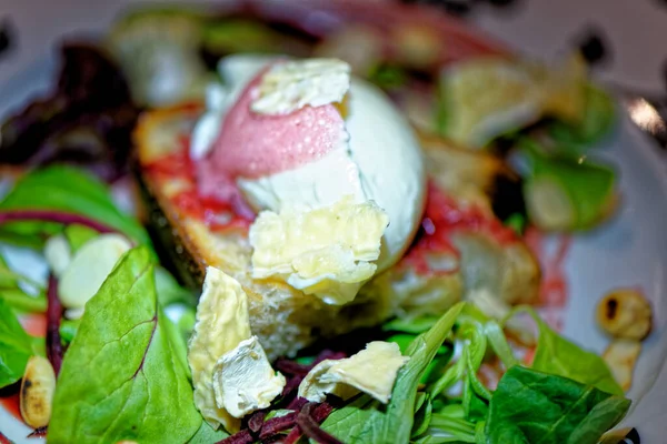 意大利的一种带有山羊乳酪和甜菜慕斯的意式布劳斯切塔 — 图库照片