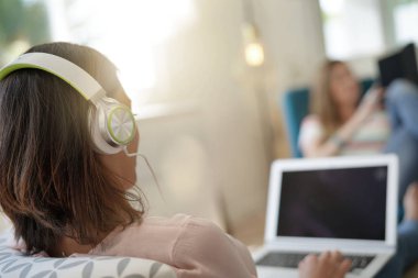 Dizüstü bilgisayar kullanarak koltuk içinde kadın arkadan görünüm