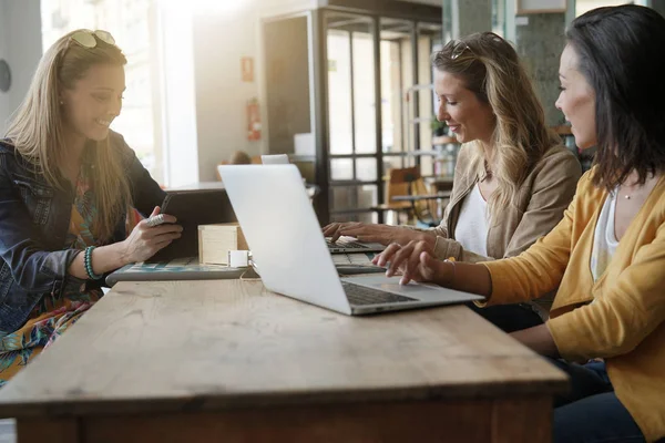 Νεαρές Γυναίκες Που Εργάζονται Για Laptop Στο Coffeeshop — Φωτογραφία Αρχείου