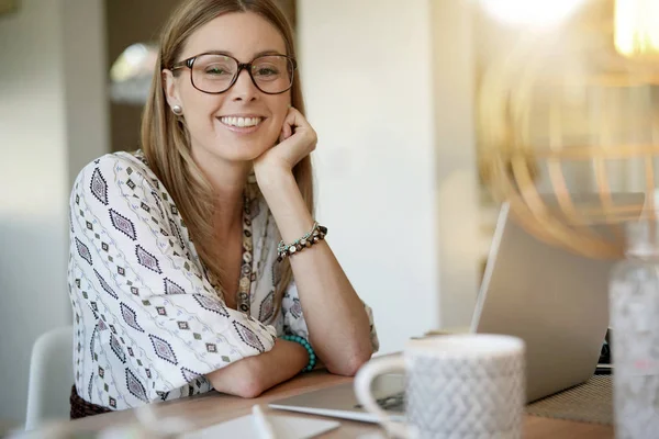 Cheerful Trendy Girl Working Office — Stock Photo, Image