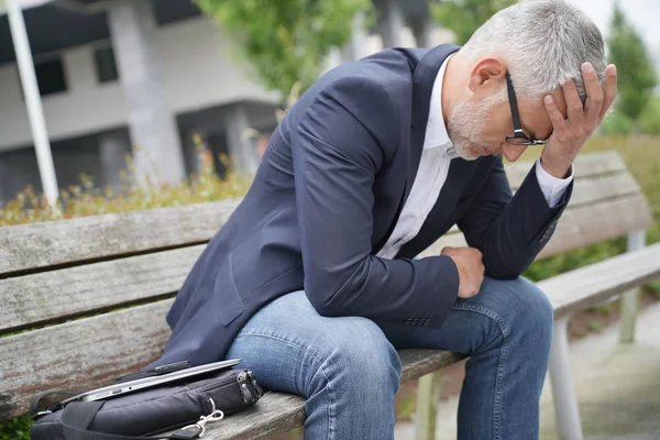 Businessman Sitting Public Bench Being Preocuppied — Stock Photo, Image
