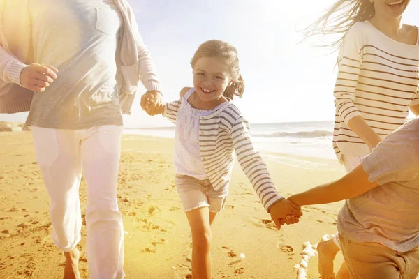 Family Running Sandy Beach Sunset — Stock Photo, Image