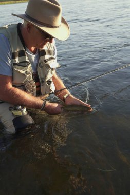 Balıkçı alıcı gökkuşağı alabalık nehir fly