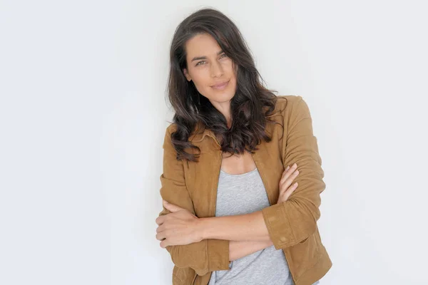 Brunette Woman Standing White Background Isolated — Stock Photo, Image