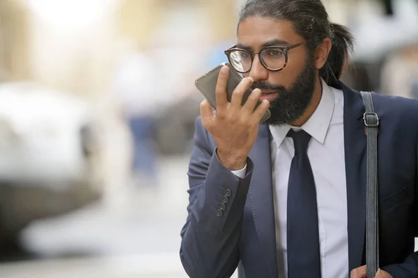 Portrait Businessman Talking Phone Street — Stock Photo, Image