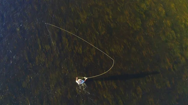 Vue Supérieure Pêcheur Mouche Dans Rivière Henry Fork — Photo