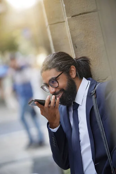 Portrait Businessman Talking Phone Street — Stock Photo, Image