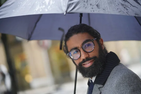 Portrait Businessman Using Umbrella Rainy Day — Stock Photo, Image