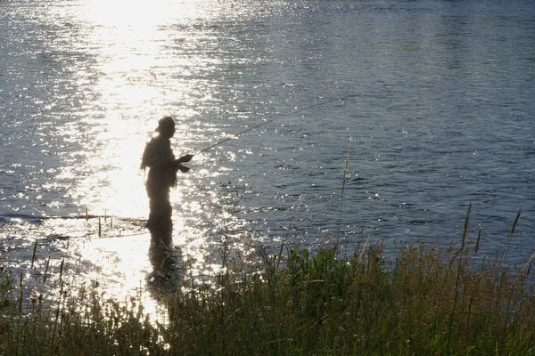 Visser Flyfishing Rivier Idaho Staat Bij Zonsondergang — Stockfoto