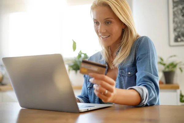 Blond Woman Home Shopping Online — Stock Photo, Image