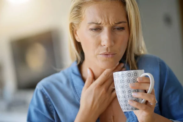 Year Old Woman Having Sore Throat — Stock Photo, Image