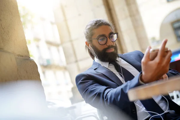 Businessman Sitting Restaurant Table Using Smartphone — Stock Photo, Image