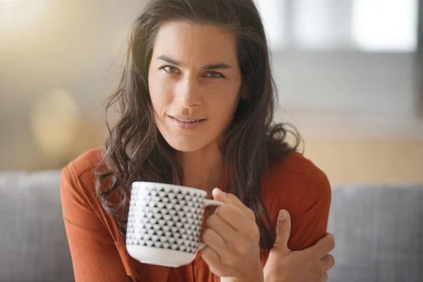 Portrait Attractive Brunette Woman Drinking Tea — Stock Photo, Image