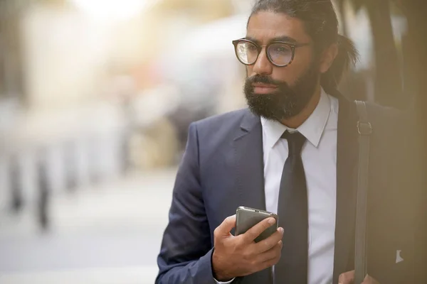 Businessman Walking Work Smartphone Hand — Stock Photo, Image