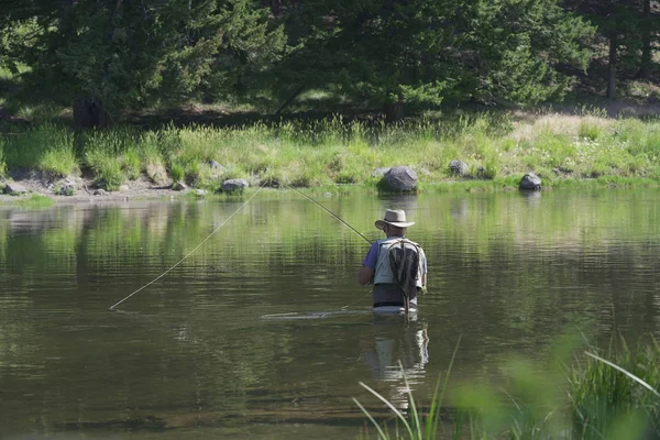 Flyfishing 在蒙大拿州河州 — 图库照片