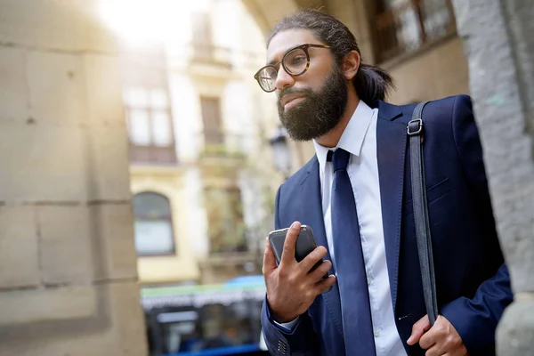 Businessman Walking Work Smartphone Hand — Stock Photo, Image