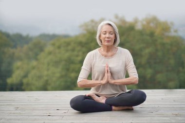   Açık havada meditasyon sakin kadın kıdemli                                                            
