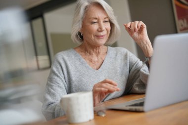  Yaşlı kadın evde bilgisayar ile                              