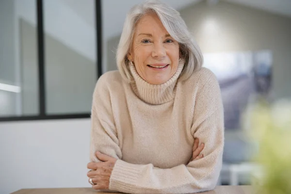 Senior Woman Looking Happy Home — Stock Photo, Image