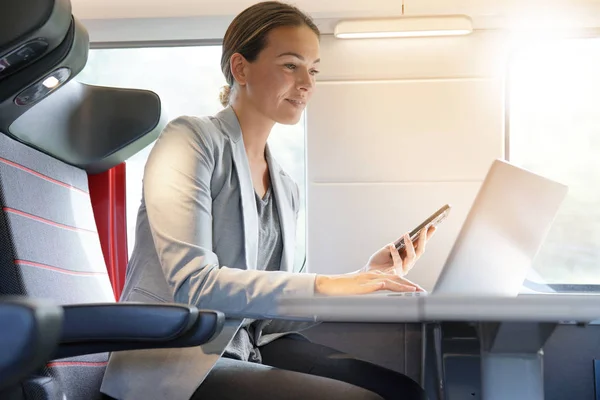 Businesswoman Her Cellphone Train — Stock Photo, Image