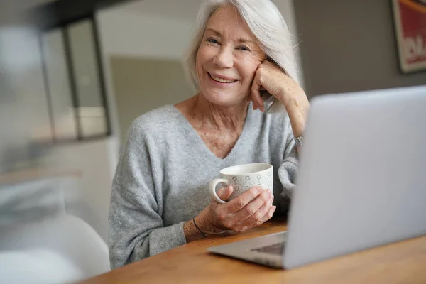 Пожилая Женщина Дома Компьютером — стоковое фото