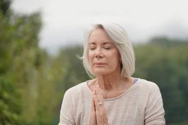 Portrait Serene Senior Woman Meditating Outdoors — Stock Photo, Image