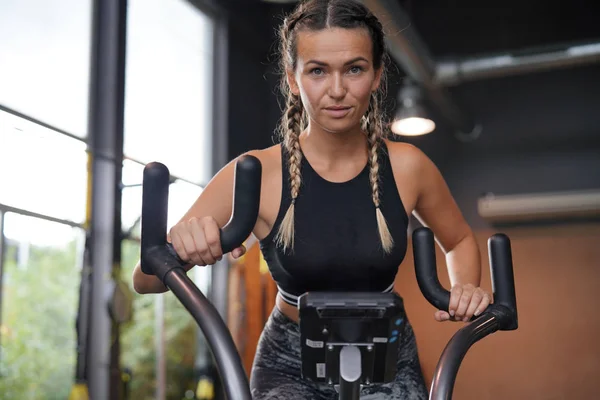 Woman Gym Working Out Air Bike — Stock Photo, Image