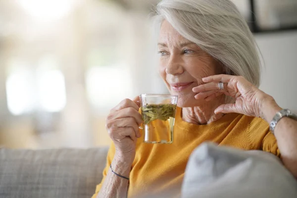 Beautiful Senior Woman Home Cup Loose Leaf Tea — Stock Photo, Image