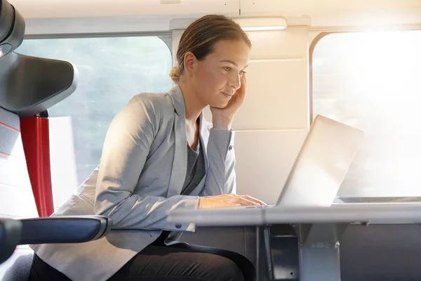 Businesswoman Working Laptop Train — Stock Photo, Image